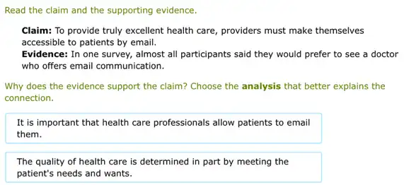 Read the claim and the supporting evidence.
Claim: To provide truly excellent health care, providers must make themselves
accessible to patients by email.
Evidence: In one survey,almost all participants said they would prefer to see a doctor
who offers email communication.
Why does the evidence support the claim? Choose the analysis that better explains the
connection.
It is important that health care professionals allow patients to email
them.
The quality of health care is determined in part by meeting the
patient's needs and wants.