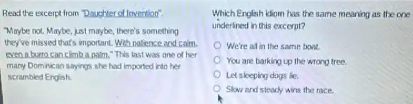 Read the excerpt from "Daughter of Invention".
"Maybe not. Maybe, just maybe, there's something
they've missed that's important With patience and calm.
even a burro can climb a palm "This last was one of her
many Dominican sayings she had imported into her
scrambled English.
Which English idiom has the same meaning as the one
underlined in this excerpt?
We're all in the same boat.
You are barking up the wrong tree.
Let sleeping dogs lie.
Slow and steady wins the race.