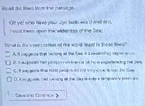 Read the lines from the passage.
On yel who hove your eye books wex d and tire.
wideress of the Sea:
What is the romote than of the we'd feast in these llnes?
C	that locking at the Seals a rewerelln
B. it suggests tnet experiencing the sea.
C	that mest peop is
D. it an N plan ine
