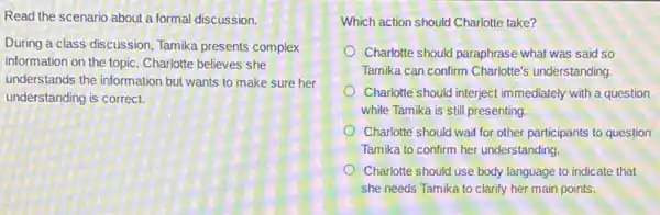 Read the scenario about a formal discussion.
During a class discussion Tamika presents complex
information on the topic Charlotte believes she
understands the information but wants to make sure her
understanding is correct.
Which action should Charlotte take?
Charlotte should paraphrase what was said so
Tamika can confirm Charlotte's understanding.
Charlotte should interject immediately with a question
while Tamika is still presenting.
Charlotte should wait for other participants to question
Tamika to confirm her understanding.
Charlotte should use body language to indicate that
she needs Tamika to clarify her main points.