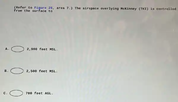 (Refer to Figure 25, area 7.)The airspace overlying McKinney (TKI) is controlled
from the surface to
A.	2,900 feet MSL.
B.	2,500 feet MSL.
C.	700 feet AGL.