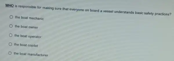 WHO is responsible for making sure that everyone on board a vessel understands basic safety practices?
the boat mechanic
the boat owner
the boat operator
the boat copilot
the boat manufacturer