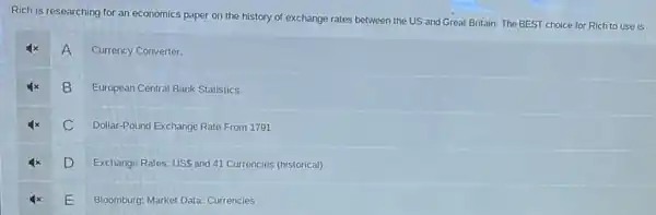 Rich is researching for an economics paper on the history of exchange rates between the US and Great Britain. The BEST choice for Rich to use is
A
Currency Converter.
B
European Central Bank Statistics.
C
Dollar-Pound Exchange Rate From 1791
D
Exchange Rates: USS and 41 Currencies (historical).
E
Bloomburg: Market Data:Currencies