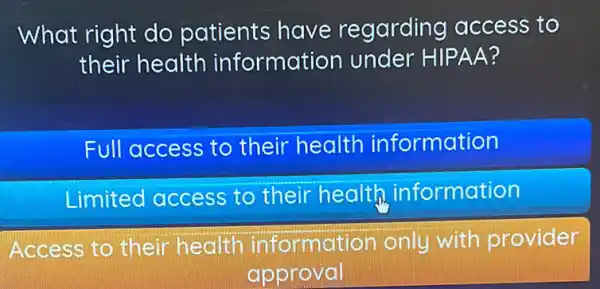 What right do patients have regarding access to
their health information under HIPAA?
Full access to their health information
Limited access to their health information
Access to their health information only with provider
approval