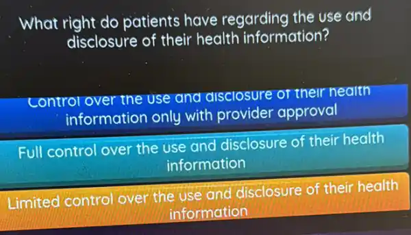 What right do patients have regarding the use and
disclosure of their health information?
Control over the use and disclosure or their health
information only with provider approval
Full control over the use and disclosure of their health
information
Limited control ovel the use and disclosure of their health
information