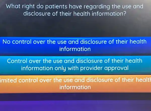 What right do patients have regarding the use and
disclosure of their health information?
No control over the use and disclosure of their health
information
Control over the use and disclosure of their health
information only with provider approval
imited control over the use and disclosure of their healt
information