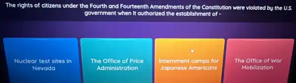 The rights of citizens under the Fourth and Fourteenth Amendments of the Constitution were violated by the U.S.
government when it authorized the establishment of -
Nuclear test sites in
Nevada
The Office of Price
Administration
Internment camps for
Japanese Americans
The Office of War
Mobilization