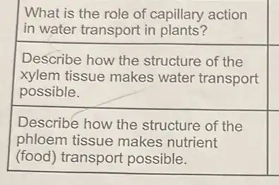 What is the role of capillary action
in water transport in plants?
Describe how the structure of the
xylem tissue makes water transport
possible.
Describe how the structure of the
phloem tissue makes nutrient
(food) transport possible.