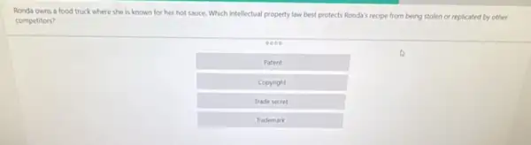 Ronda owns a food truck where she is known for her hot sauce. Which intellectual property law best protects Ronda's recipe from being stolen or replicated by other
competitors?
0000
Patent
Copyright
Trade secret
Trademark