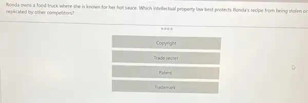 Ronda owns a food truck where she is known for her hot sauce. Which intellectual property law best protects Ronda's recipe from being stolen or
replicated by other competitors?
0000
Copyright
Trade secret
Patent
Trademark