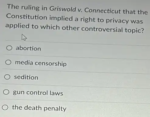 The ruling in Griswold v.Connecticut that the
Constitution implied a right to privacy was
applied to which other controversial topic?
abortion
media censorship
sedition
gun control laws
the death penalty