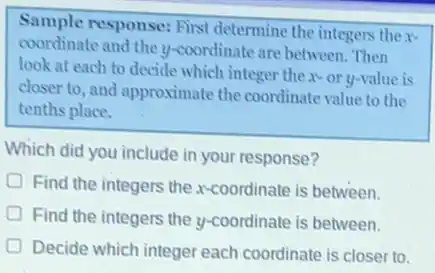 Sample response: First determine the integers the
coordinate and the y -coordinate are between. Then
look at each to decide which integer the ,r-ory-value is
closer to, and approximate the coordinate value to the
tenths place.
Which did you include in your response?
Find the integers the x-coordinate is between.
Find the integers the y-coordinate is between.
Decide which integer each coordinate is closer to.