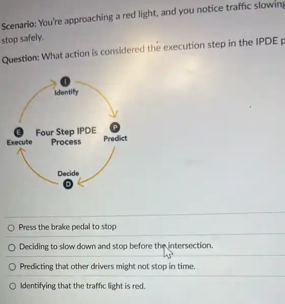 Scenario: You're approaching a red light, and you notice traffic slowing
stop safely.
Question: What action is considered the execution step in the IPDE p
Press the brake peda to stop
Deciding to slow down and stop before tha intersection.
Predicting that other drivers might not stop in time.
Identifying that the traffic light is red.