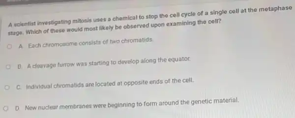 A scientist investigating mitosis uses a chemical to stop the cell cycle of a single cell at the metaphase
stage. Which of these would most likely be observed upon examining the cell?
A. Each chromosome consists of two chromatids.
B. A cleavage furrow was starting to develop along the equator.
C. Individual chromatids are located at opposite ends of the cell.
D. New nuclear membranes were beginning to form around the genetic material.