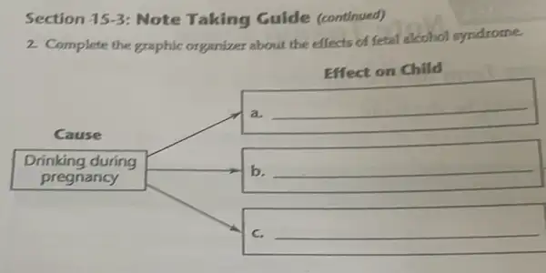 Section -15-3 : Note Taking Guide (continued)
2 Complete the graphic organizer about the effects of fetal alcohol syndrome
Cause
Drinking during
pregnancy
Effect on Child
a.
__
b. __
c. __