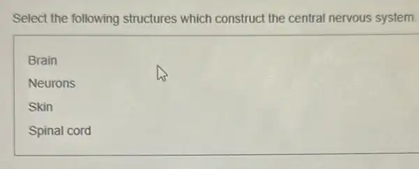 Select the following structures which construct the central nervous system.
Brain
Neurons