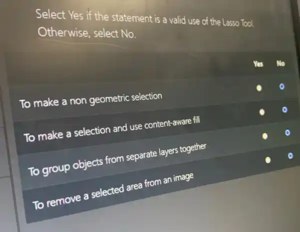 Select Yes if the statement is a valid use of the Lasso Tool.
Otherwise, select No.
To make a non geometric selection
To make a selection and use content-aware fill
To group objects from separate layers together
To remove a selected area from an image