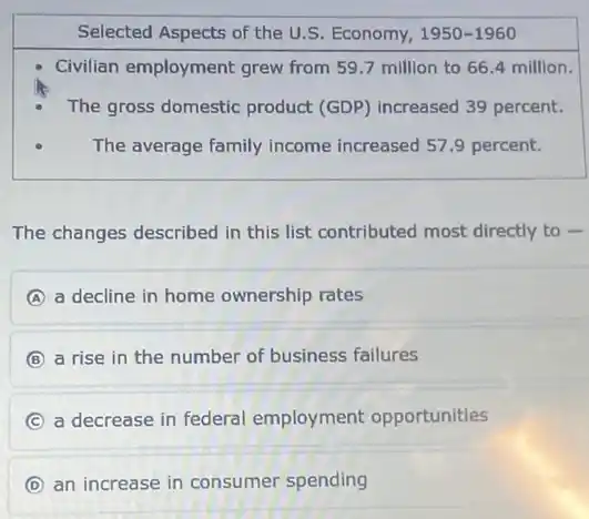 Selected Aspects of the U.S. Economy, 1950-1960
Civilian employment grew from 59.7 million to 66,4 million.
The gross domestic product (GDP) increased 39 percent.
The average family income increased 57.9 percent.
The changes described in this list contributed most directly to -
A a decline in home ownership rates
B a rise in the number of business failures
C a decrease in federal employment opportunities
D an increase in consumer spending