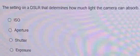 The setting on a DSLR that determines how much light the camera can absorb.
ISO
Aperture
Shutter
Exposure