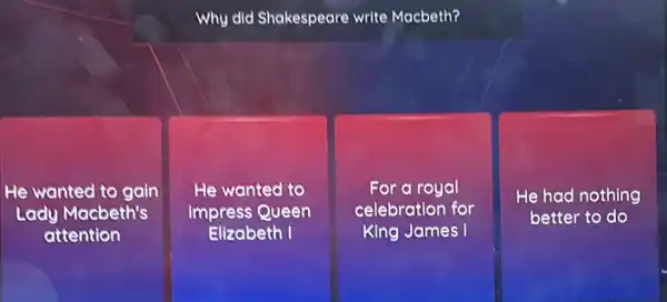 Why did Shakespeare write Macbeth?
He wanted to gain
Lady Macbeth's
attention
He wanted to
impress Queen
Elizabeth I
For a royal
celebration for
King James I
He had nothing
better to do