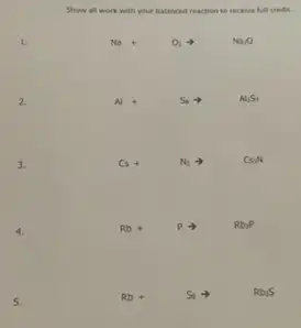 Show all work with your balanced reaction to receive full credit.
Na+O_(2)arrow Na_(2)O
Al+S_(0)arrow Al_(2)S_(3)
Cs+ N_(2)arrow Cs_(3)N
4.
Rb+ Parrow Rb_(3)P
5.
Rb+ S_(1)arrow Rb_(2)S