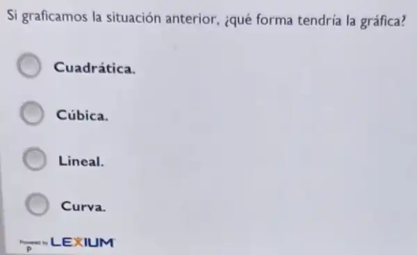 Si graficamos la situación anterior, iqué forma tendria la gráfica?
Cuadrática.
Cúbica.
Lineal.
Curva.
Power LEXIL JM