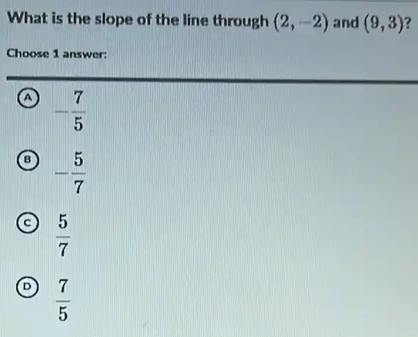 What is the slope of the line through (2,-2) and (9,3)
Choose 1 answer:
A
-(7)/(5)
(A)
B
-(5)/(7)
C
(5)/(7)
D
(7)/(5)