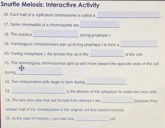 Snurfle Meiosis:Interactive Activity
16. Each half of a replicated chromosome is called a __
17. Sister chromatids of a chromosome are __
18. The nucleus __ during prophase I.
19. Homologous chromosomes pair up during prophase I to form a __
20. During metaphase I the tetrads line up in the __ of the cell.
21. The homologous chromosomes split up and move toward the opposite ends of the cell
during __
22. Two independent cells begin to form during __
23. __ is the division of the cytoplasm to make two new cells.
24. The two new cells that are formed from meiosis I are __ because they
contain half of the chromosome of the original cell that started meiosis.
25. At the start of meiosis I, you had one __ cell.