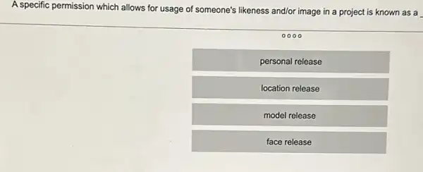 A specific permission which allows for usage of someone's likeness and/or image in a project is known as a
0000
personal release
location release
model release
face release