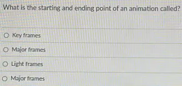 What is the starting and ending point of an animation called?
Key frames
Major frames
Light frames
Major frames