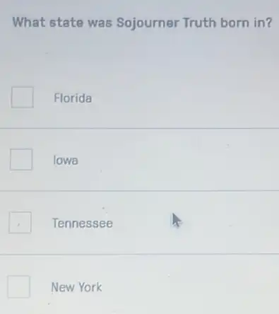 What state was Sojourner Truth born in?
Florida
lowa
Tennessee
New York