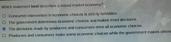 Which statement best describes a mixed market economy?
Consumer intervention in economic choices is strictly forbidden.
The government determines economic choices and makes most decisions.
The decisions made by producers and consumers drive all economic choices.
Producers and consumers make some economic choices while the government makes others