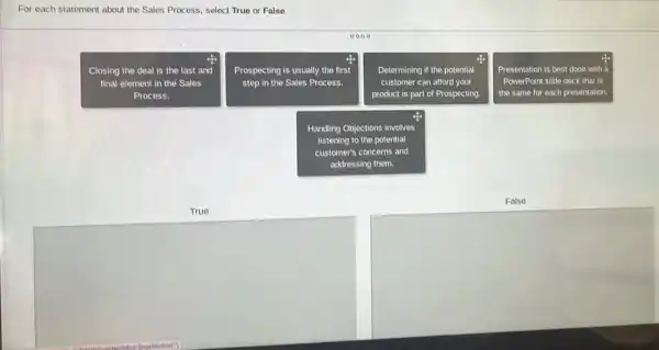 For each statement about the Sales Process, select True or False.
0000
Closing the deal is the last and
final element in the Sales
Process.
Prospecting is usually the first
step in the Sales Process.
Determining if the potential
customer can afford your
product is part of Prospecting.
Presentation is best done with a
PowerPoint slide deck that is
the same for each presentation.
Handling
listening to the potential
customer's concerns and
addressing them.
False
True
square 
blankboard
square