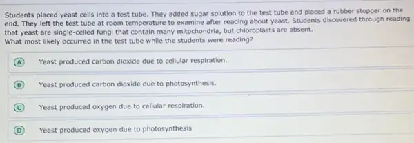 Students placed yeast cells into a test tube They added sugar solution to the test tube and placed a rubber stopper on the
end. They left the test tube at room temperature to examine after reading about yeast. Students discovered through reading
that yeast are single-celled fungi that contain many mitochondria, but chloroplasts are absent.
What most likely occurred in the test tube while the students were reading?
A Yeast produced carbon dioxide due to cellular respiration.
B Yeast produced carbon dioxide due to photosynthesis.
C Yeast produced oxygen due to cellular respiration.
D Yeast produced oxygen due to photosynthesis.