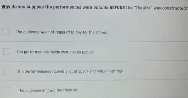 Why, do you suppose the performances were outside BEFORE the "Theatre" was constructed?
The sudience was not required to pay for the shows.
The performances inside were not as popular.
The performances required a lot of space and natural lighting.
The audience enjoyed the fresh air.