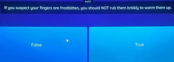 If you suspect your fingers are frostbitten, you should NOT rub them briskly to warm them up.
False
True