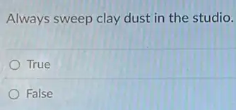 Always sweep clay dust in the studio.
True
False