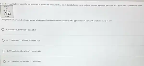 A teacher has students use different materials to model the structure of an atom. Baseball's represent protons marbles represent electrons, and tennis balls represent neutrons.
Using the information in the image above, what materials will the students need to build a typical sodium atom n with an atomic mass of 23?
A. 5 baseballs, 5 marbles, 1 tennis ball
B. 11 baseballs, 11 marbles, 12 tennis balls
C. 11 baseballs, 12 marbles.11 tennis balls
D. 12 baseballs,11 marbles, 11 tennis balls