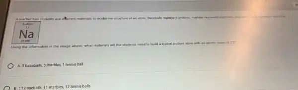 A teacher has students use dkerent materials to model the structure of an atom. Baseballs represent protons, marbles represent electrons and tennis balls represent neutrons.
Sodium
um atom with an atomic mass of 23?
Using the information in the image above, what materials will the students need to build a typical s
sodium
A. 5 baseballs, 5 marbles,1 tennis ball
B. 11 baseballs, 11 marbles, 12 tennis balls