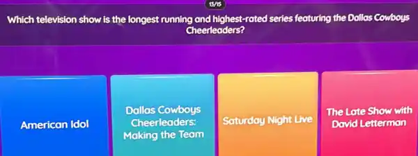 Which television show is the longest running and highest-rated series featuring the Dollas Cowboys
Cheerleaders?
American Idol
Dallas Cowboys
Cheerleaders:
Making the Team
Saturday Night Live
The Late Show with
David Letterman