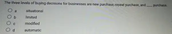 The three levels of buying decisions for businesses are new purchase, repeat purchase, and
__ purchase.
a
situational
b
limited
c
modified
d
automatic