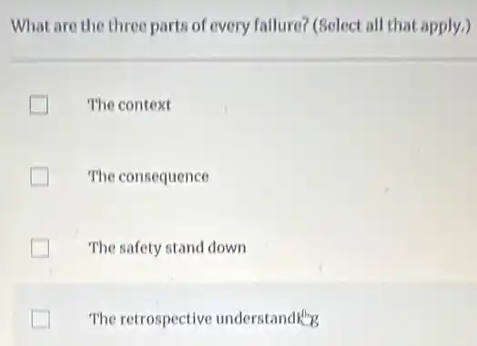 What are the three parts of every fallure?(Select all that apply.)
The context
The consequence
The safety stand down
The retrospective understanding