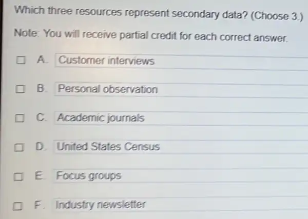 Which three resources represent secondary data? (Choose 3.)
Note: You will receive partial credit for each correct answer.
A. Customer interviews
B. Personal observation
C. Academic journals
D United States Census
E Focus groups
F Industry newsletter