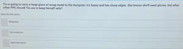 Tia is going to carry a large piece of scrap metal to the dumpster. It's heavy and has sharp edges. She knows she'll need gloves,but what
other PPE should Tia use to keep herself safe?
Select the best option.
Respirator
Eye protection
Steet toed boots