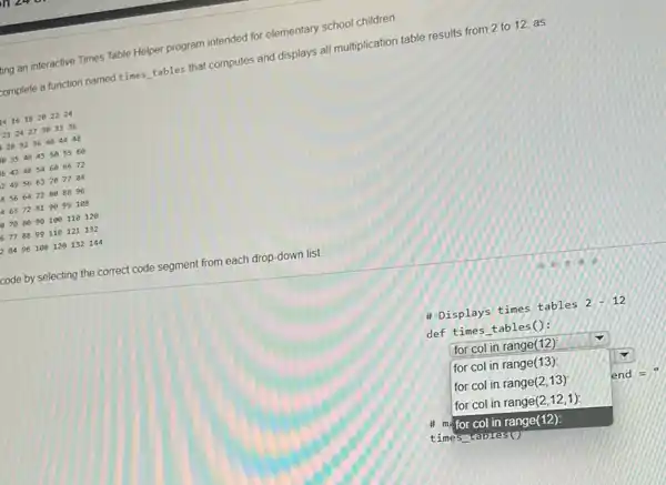 ting an interactive Times Table Helper program intended for elementary school children.
complete a function named times __
tables that computes and displays all multiplication table results from 2 to 12,as
4 16 18 20 22 24
21 24 27 30 33 36
28 32 36 40 44 48
354045505560
42 48 54 60 66 72
495663707784
56 64 72 80 88 96
63 72 81 90 99 108
70 80 90 100 110 120
77 88 99 110 121 132
8496108120132144
code by selecting the correct code segment from each drop-down list.
#Displays times tables 2
def times_tables():
for col in range(12)
for col in range(13);
for col in range(213)
for col in range(212,1):
# máfor col in range(12):
times
square