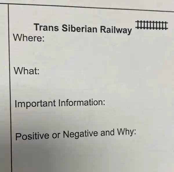 Trans Siberian Railway
Where:
What:
Important Information:
Positive or Negative and Why: