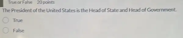TrueorFalse 20 points
The President of the United States is the Head of Stateand Head of Government.
True
False