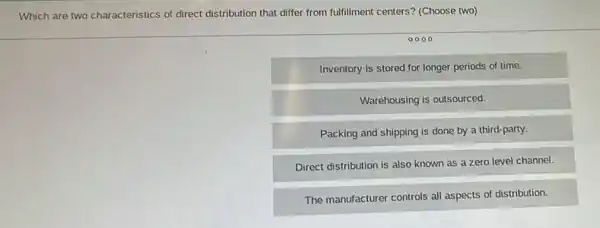 Which are two characteristics of direct distribution that differ from fulfillment centers?(Choose two)
0000
Inventory is stored for longer periods of time.
Warehousing is outsourced.
Packing and shipping is done by a third-party.
Direct distribution is also known as a zero level channel.
The manufacturer controls all aspects of distribution.