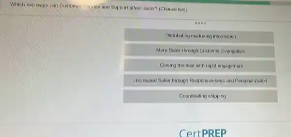 Which two ways can Customer Service and Support affect sales? (Choose two)
0000
Distributing marketing information
More Bales through Customer Evangelists
Closing the deal with rapid engagement
Increased Sales through Responsiveness and Personaliz ation
Coordinating shipping