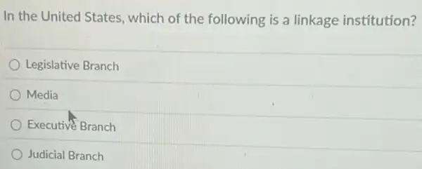 In the United States which of the following is a linkage institution?
Legislative Branch
) Media
Executivề Branch
Judicial Branch